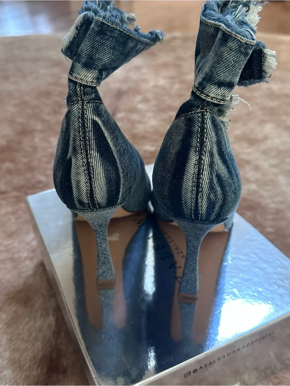 Frayed Denim Peep-Toe Stiletto Ankle Boot - Blue - Picture 6 of 8